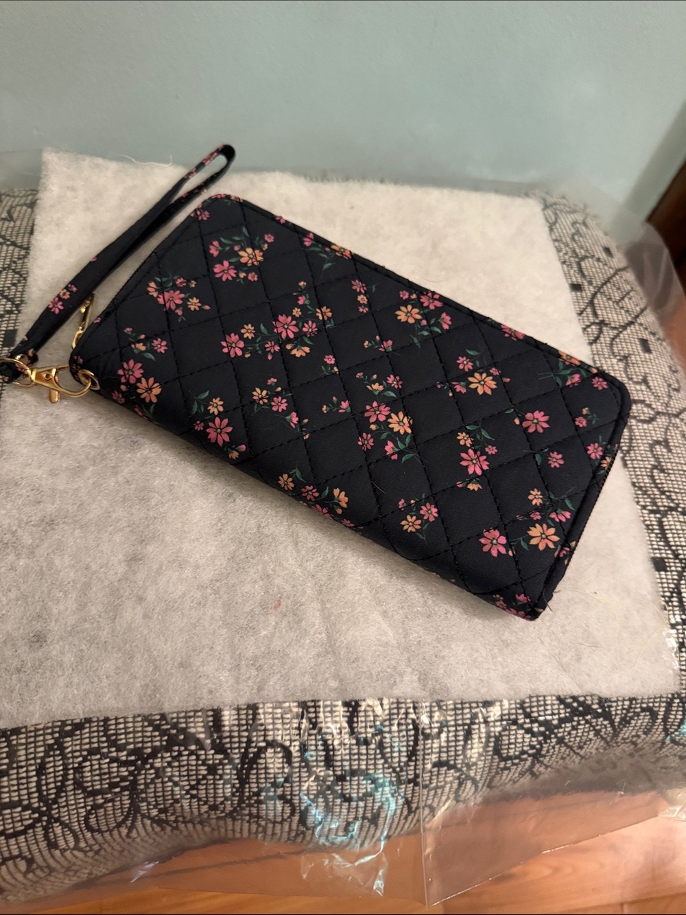 Quilted Floral Wristlet Wallet Blue with Pink Flowers